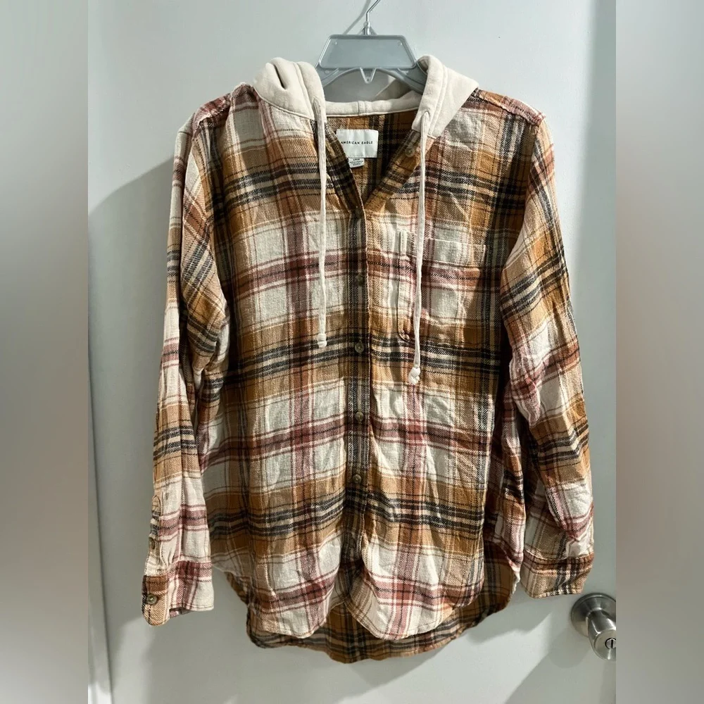 American Eagle Outfitters Plaid Flannel Hooded Shirt, OVERSIZED, size small - Picture 6 of 12